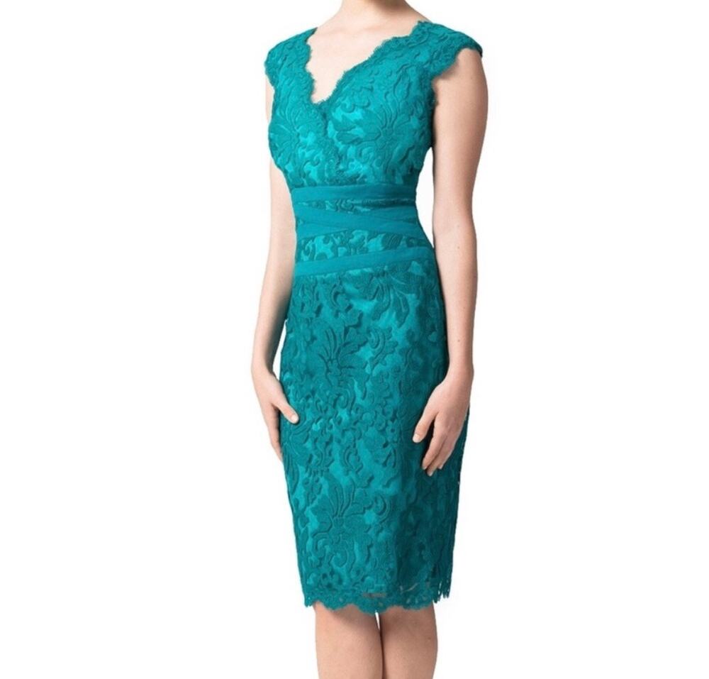 Tadashi Shoji teal Embroidered Corded V-Neck Lace Sheath Dress WOMENS 12